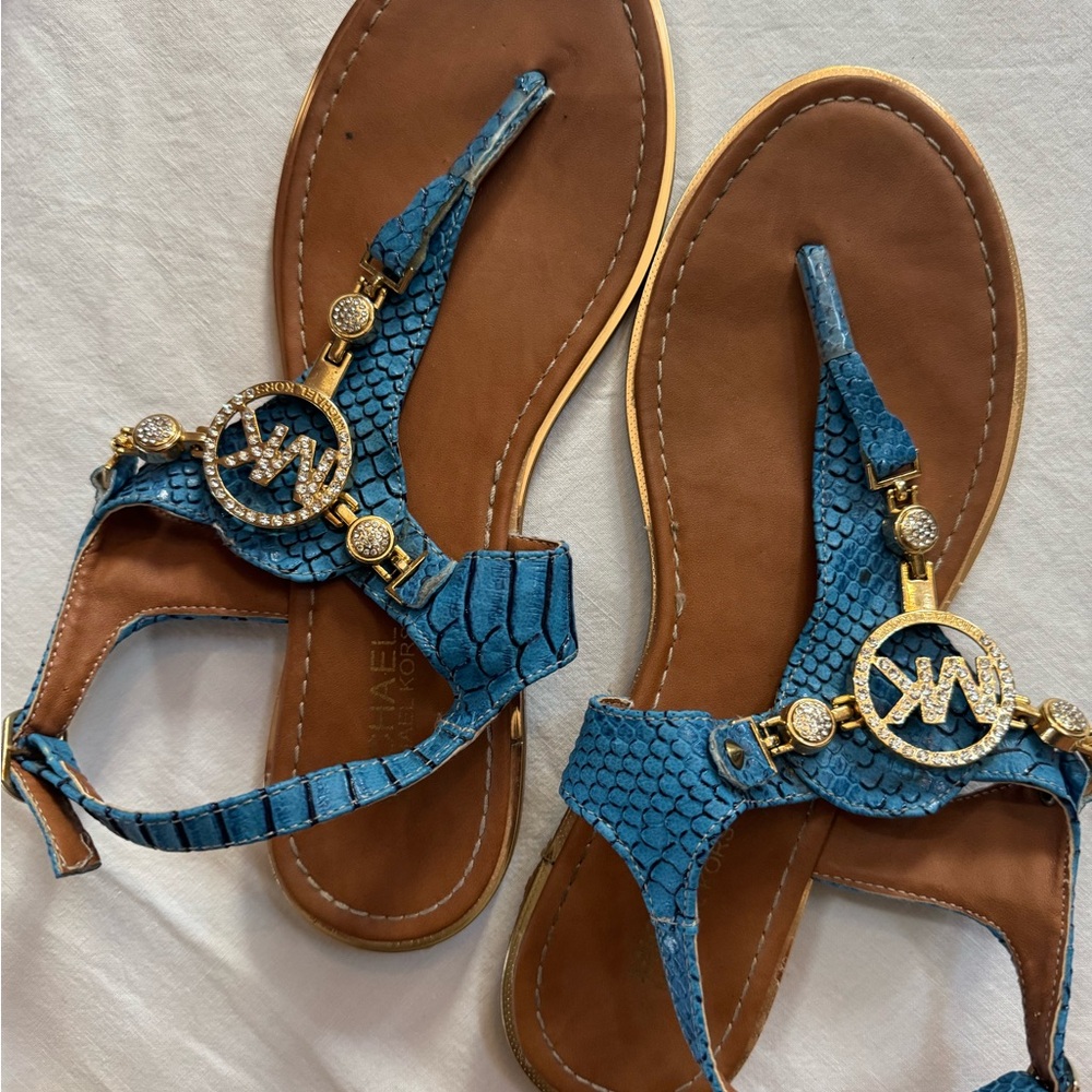 Michael Kors Blue Faux Croc and Brown Thong Sandals Size 40 EUR